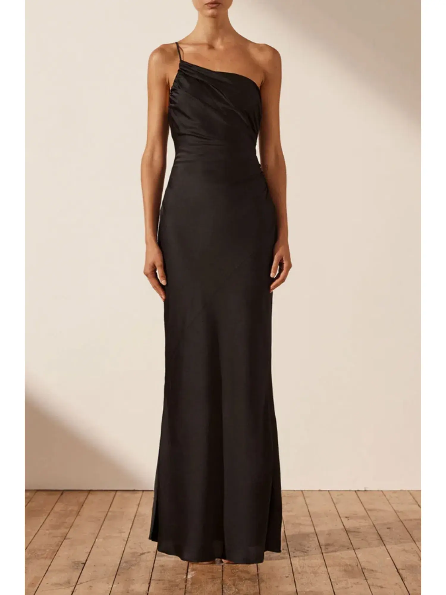 Shona Joy Asymmetrical Gathered Maxi Dress in Black Size AU 6 - Image 1