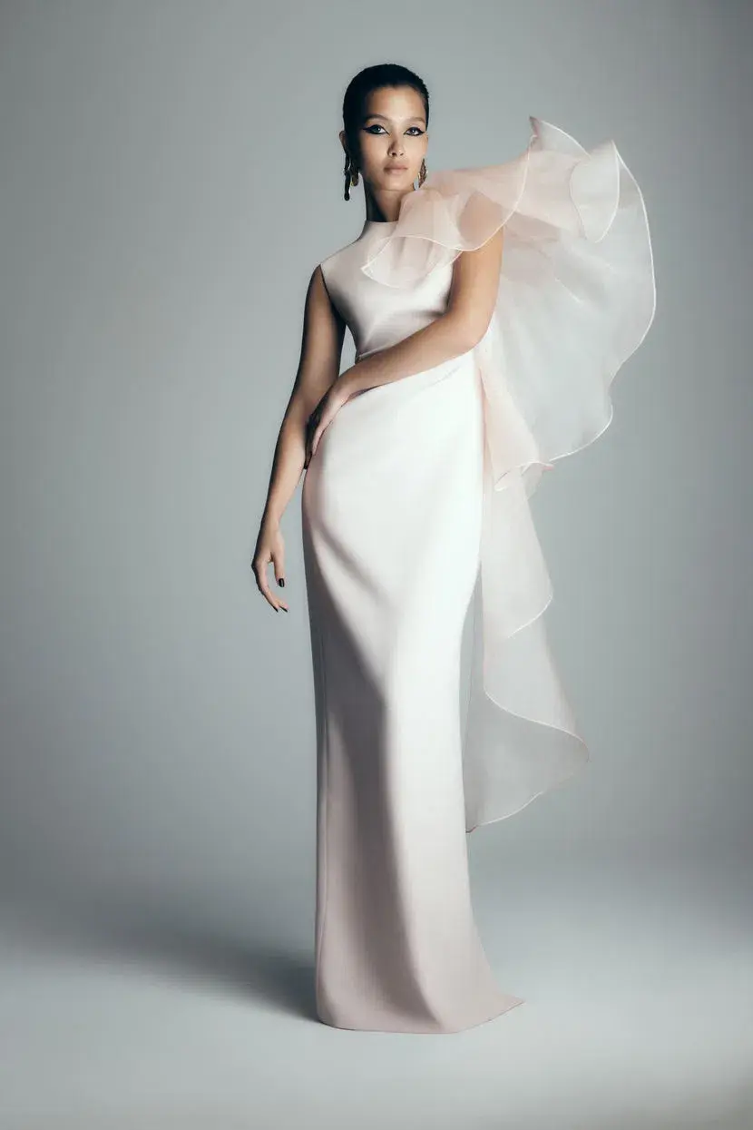 Carla Zampatti Peony Crepe Ruffled Shoulder Gown Blush Size 14 - Image 1