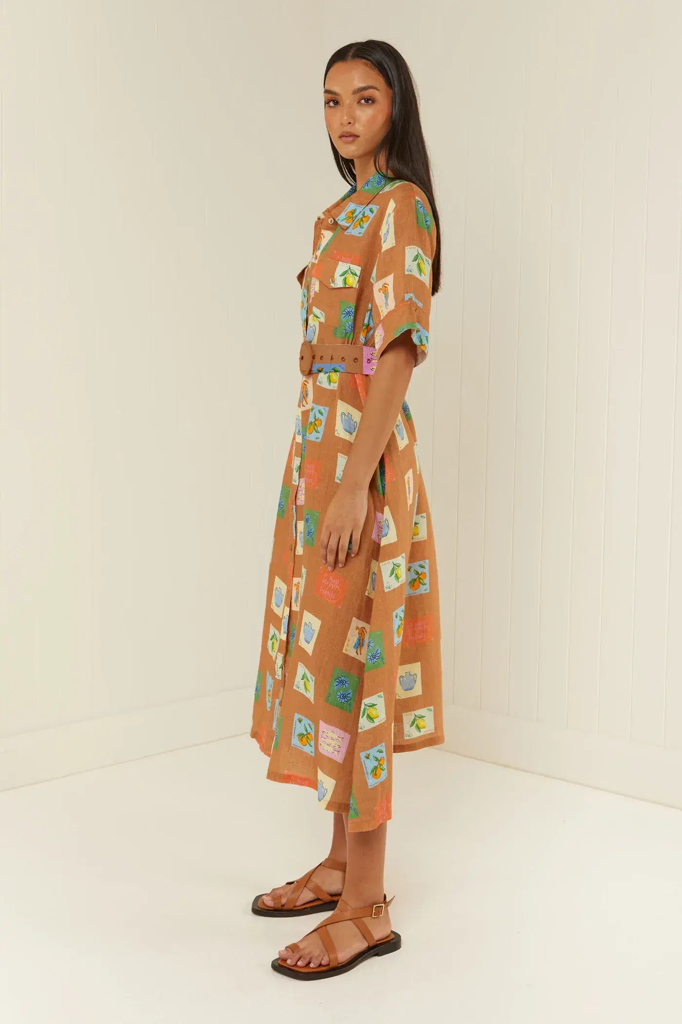 Palm Noosa Souvenir Shirt Midi Dress Brown Emblem Size 14  - Image 2
