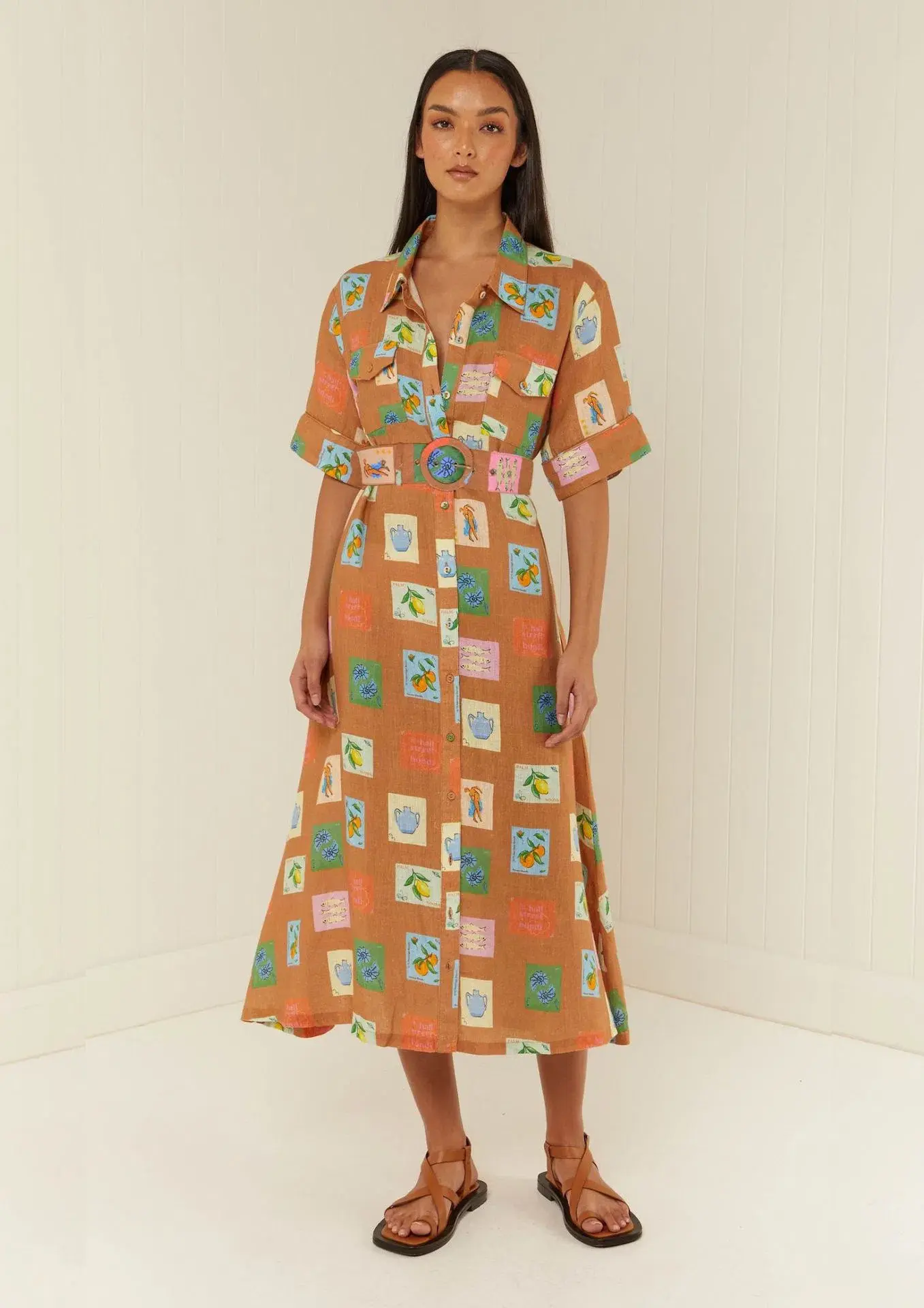 Palm Noosa Souvenir Shirt Midi Dress Brown Emblem Size 14  - Image 1