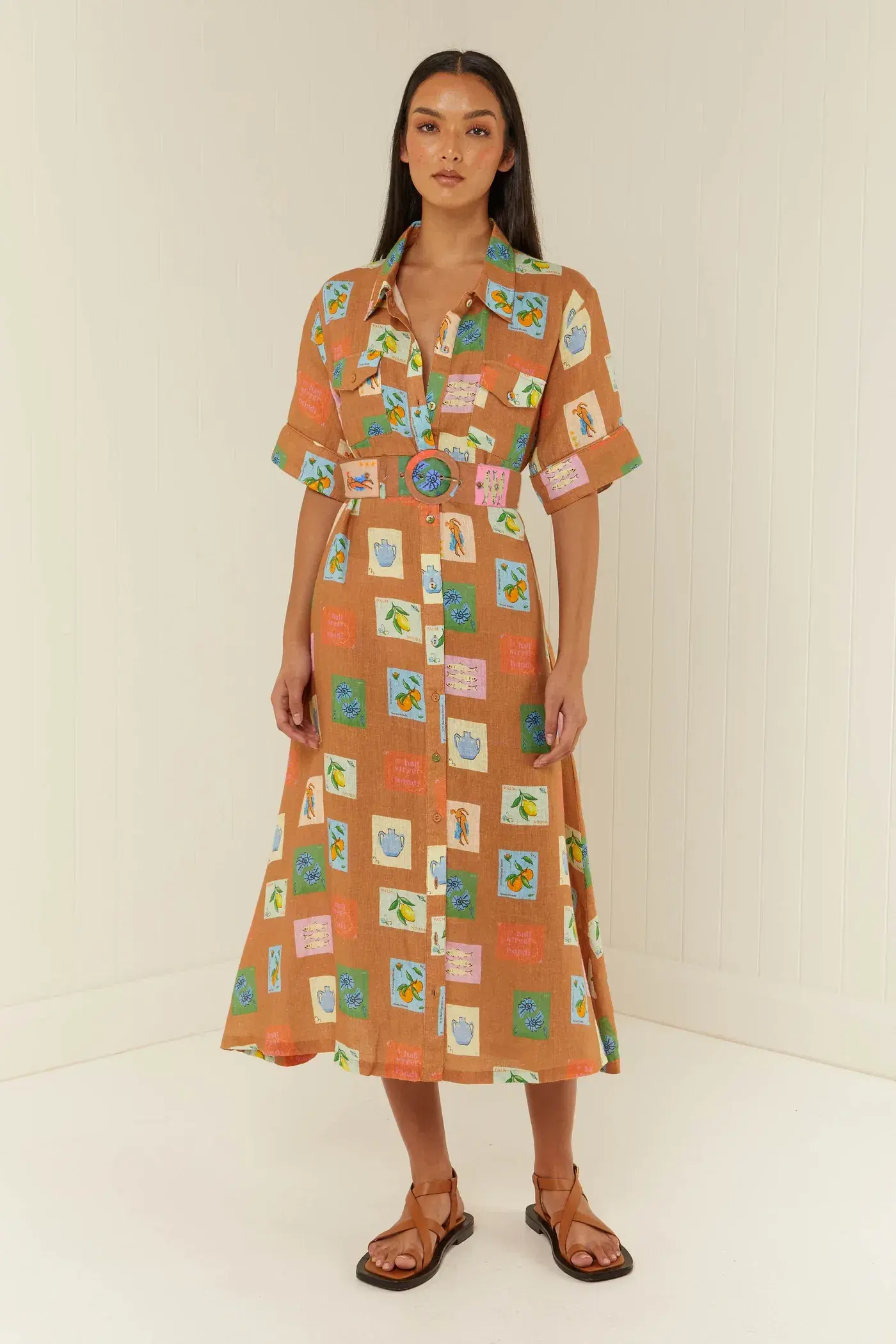 Palm Noosa Souvenir Shirt Midi Dress Brown Emblem Size 14  - Image 7