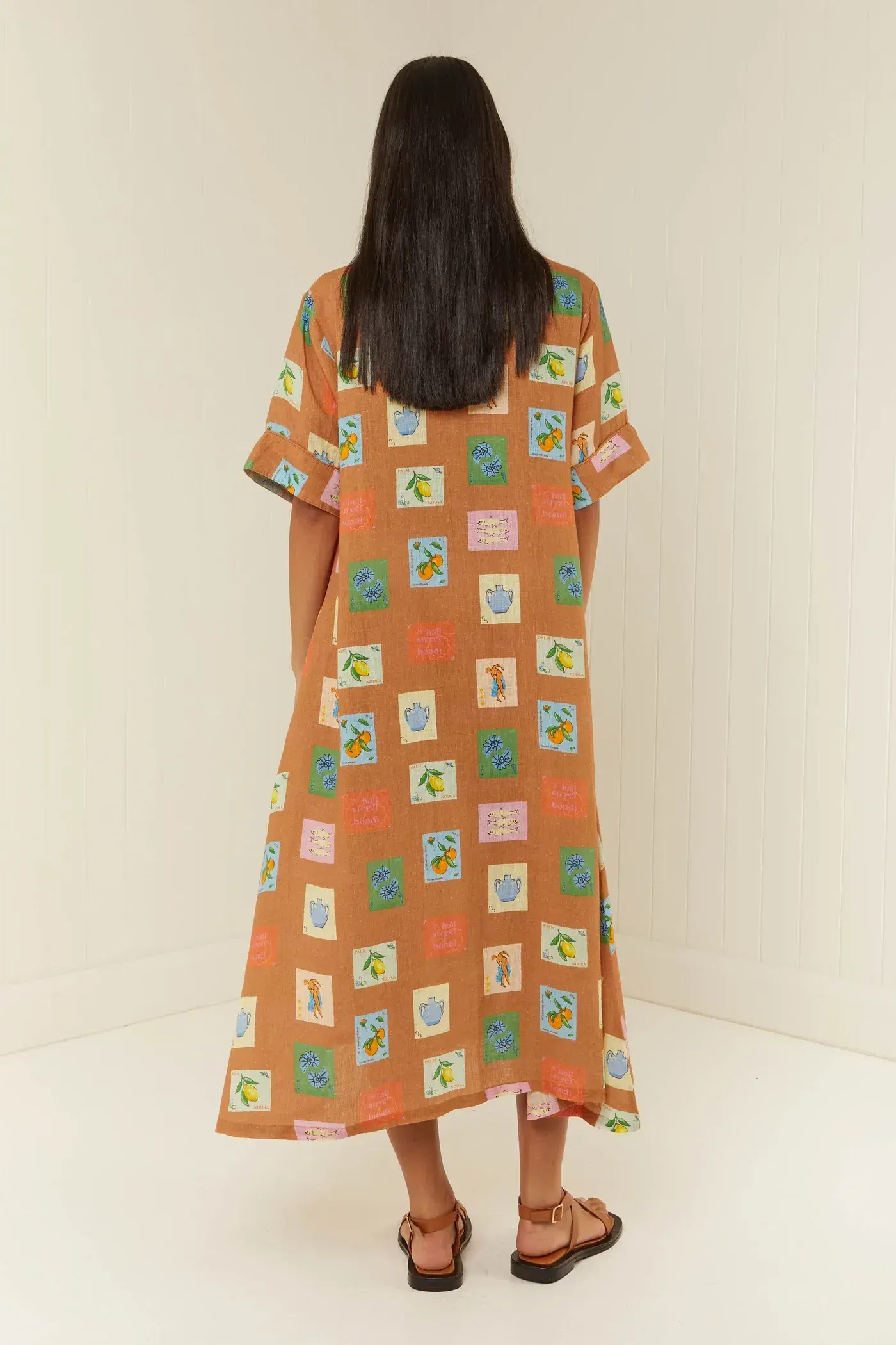 Palm Noosa Souvenir Shirt Midi Dress Brown Emblem Size 14  - Image 6