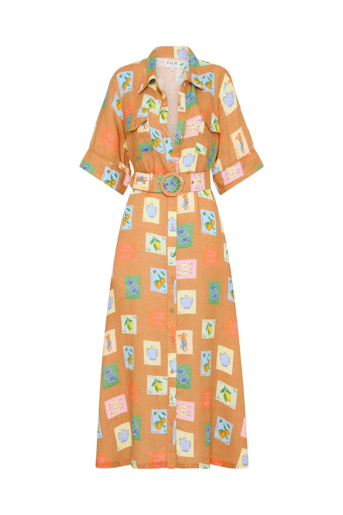Palm Noosa Souvenir Shirt Midi Dress Brown Emblem Size 14  - Image 8