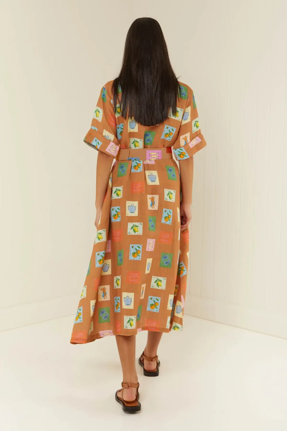 Palm Noosa Souvenir Shirt Midi Dress Brown Emblem Size 14  - Image 3