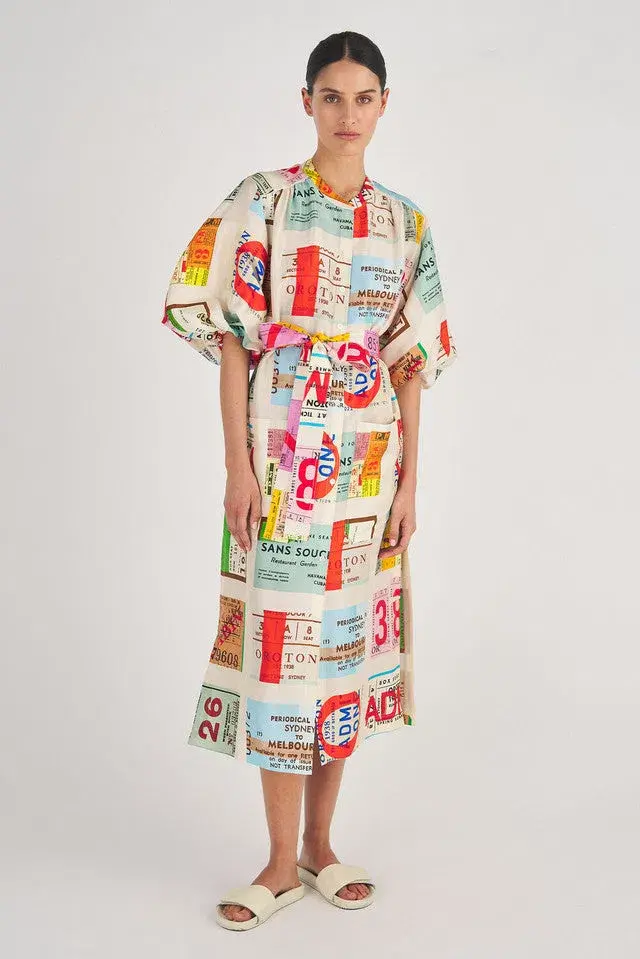 Oroton Ticket Print Silk Shirt Midi Dress Multi Size 12  - Image 1