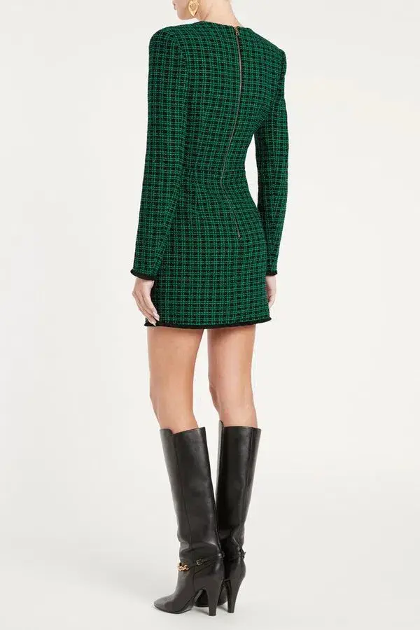 Rebecca Vallance Becca Checked Bouclé Tweed Mini Dress in Green Size 8  - Image 2
