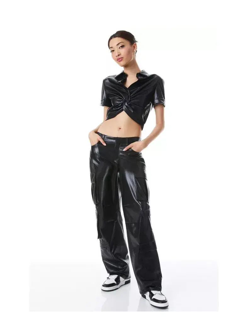 Alice + Olivia Phebe Cropped Twisted Vegan Leather Top Black Size S/ AU 8 - Image 1