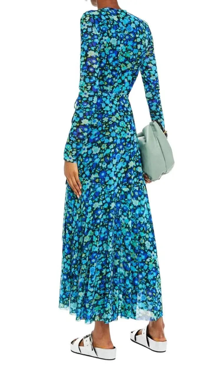 Ganni Floral Print Mesh Wrap Dress Turquoise Floral Print Size 38/ Au 10 - Image 4