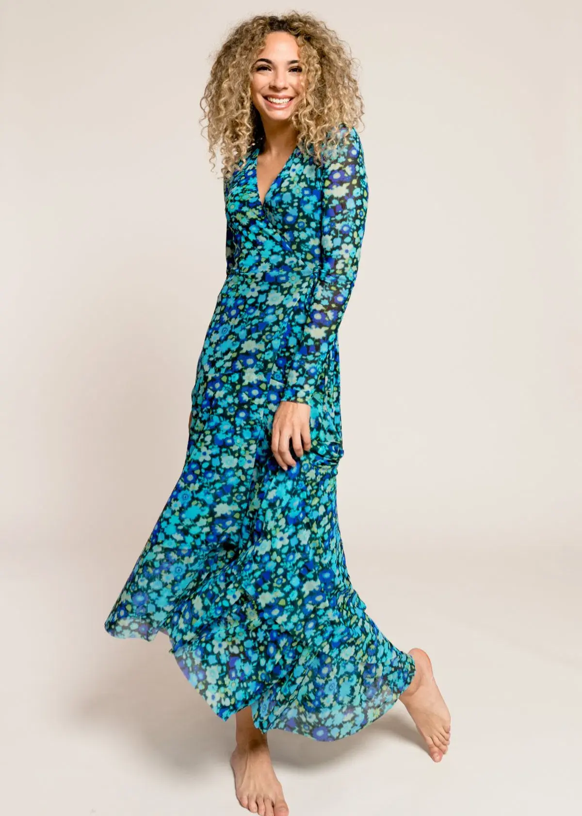 Ganni Floral Print Mesh Wrap Dress Turquoise Floral Print Size 38/ Au 10 - Image 2