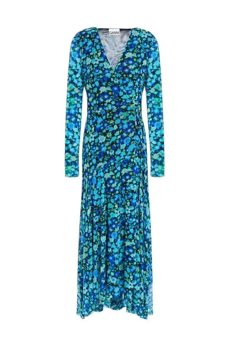Ganni Floral Print Mesh Wrap Dress Turquoise Floral Print Size 38/ Au 10 - Image 5