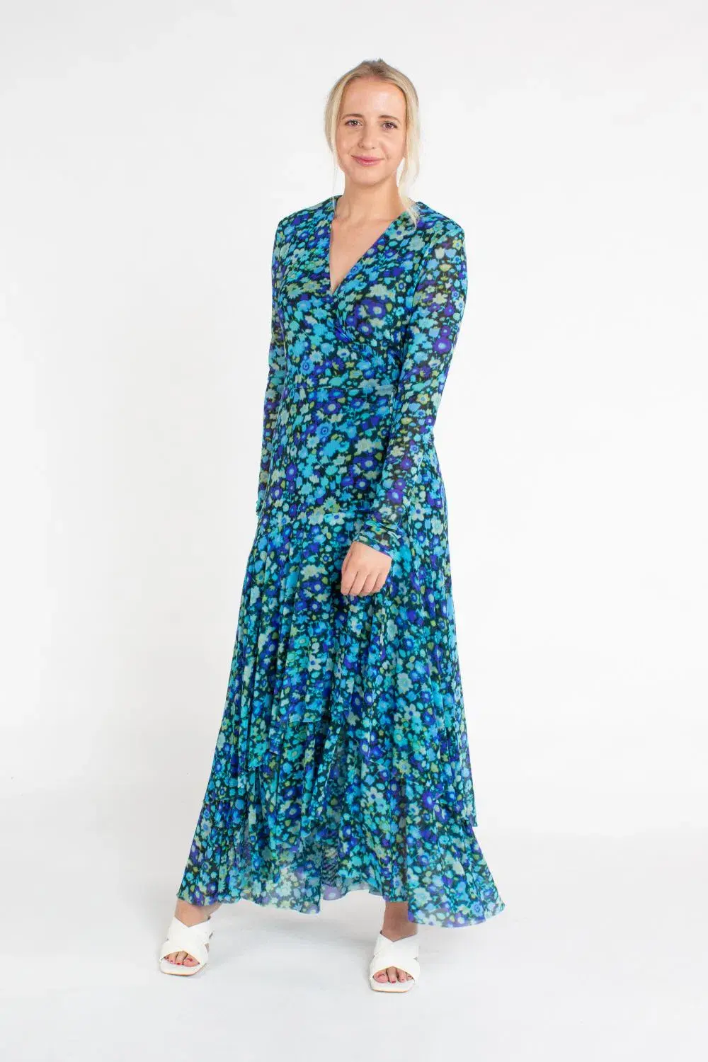 Ganni Floral Print Mesh Wrap Dress Turquoise Floral Print Size 38/ Au 10 - Image 1