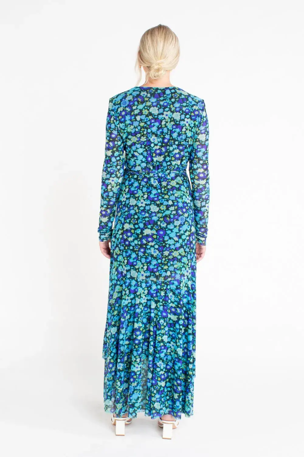 Ganni Floral Print Mesh Wrap Dress Turquoise Floral Print Size 38/ Au 10 - Image 3