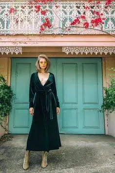 Isabelle Quinn Green Velvet Midi Long Sleeve Wrap Dress Green Size 8 - Image 1