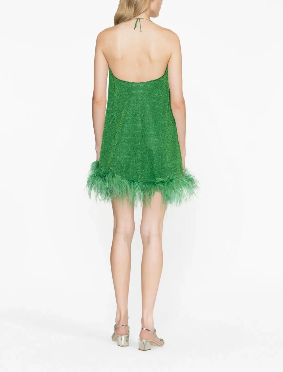 Oseree Lurex Detail Feather Trim Mini Dress Green Size S/M - Image 2