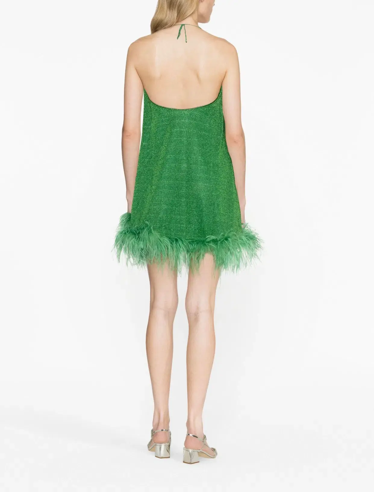Oseree Lurex Detail Feather Trim Mini Dress Green Size S/M - Image 2