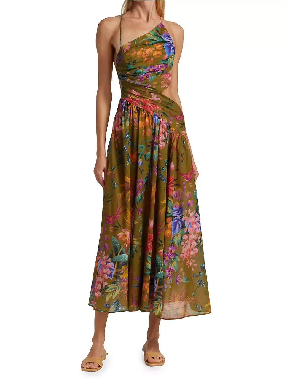 Zimmermann Tropicana Asymmetric Dress Khaki Floral Size 1 / AU 10 for rent on The Volte - main image