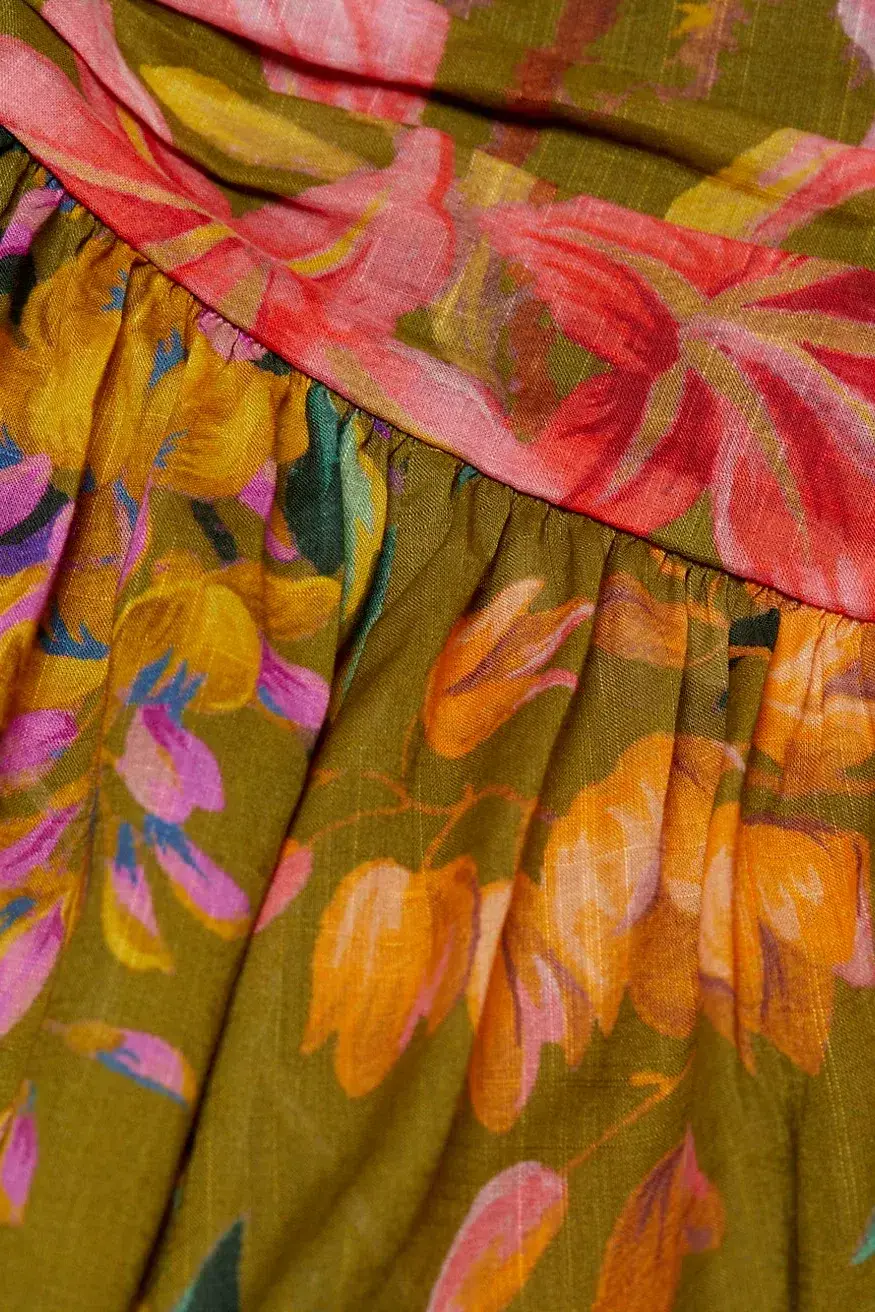 Zimmermann Tropicana Asymmetric Dress Khaki Floral Size 1 / AU 10 for rent on The Volte - main image