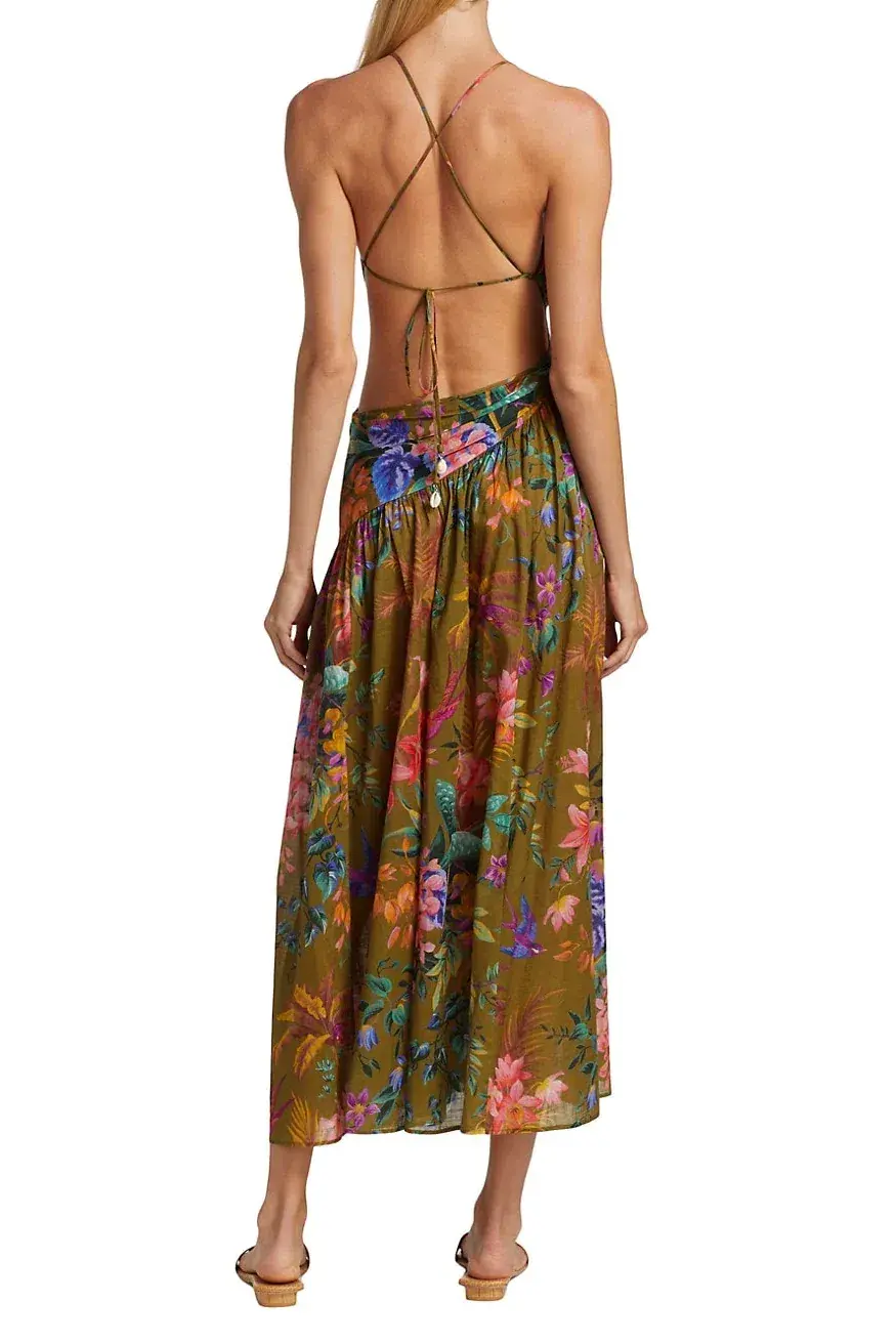 Zimmermann Tropicana Asymmetric Dress Khaki Floral Size 1 / AU 10 for rent on The Volte - main image