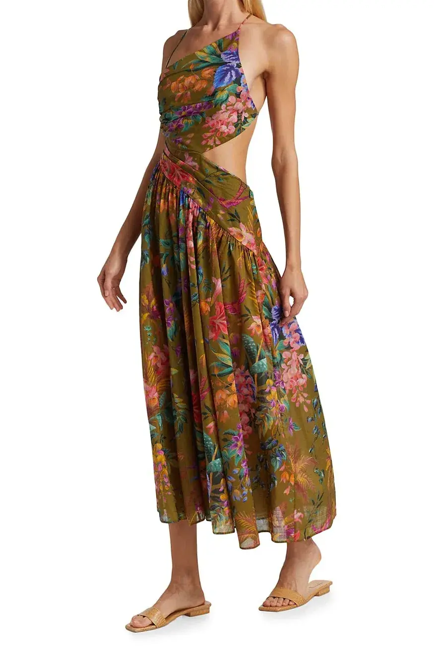 Zimmermann Tropicana Asymmetric Dress Khaki Floral Size 1 / AU 10 for rent on The Volte - main image