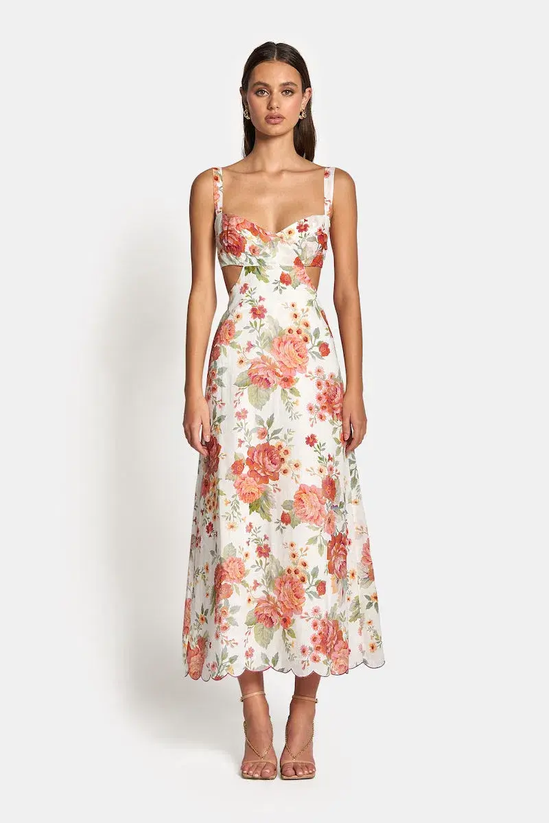 Sofia the Label Delilah Cut Out Midi Dress in Sunset Floral Size 8  for rent on The Volte - main image