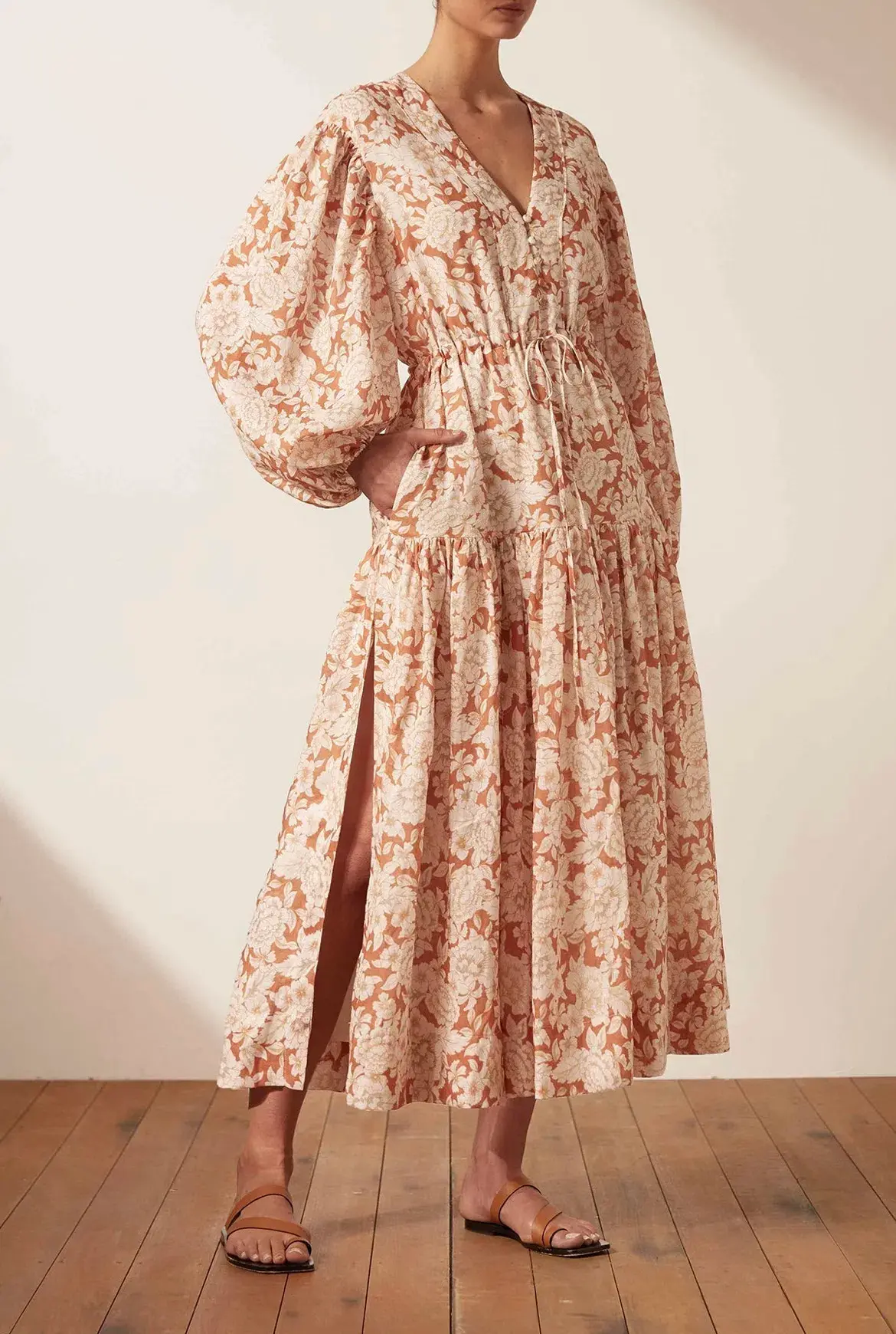Shona Joy Flor Balloon Sleeve Drawstring Midi Dress Floral Size 12 - Image 2