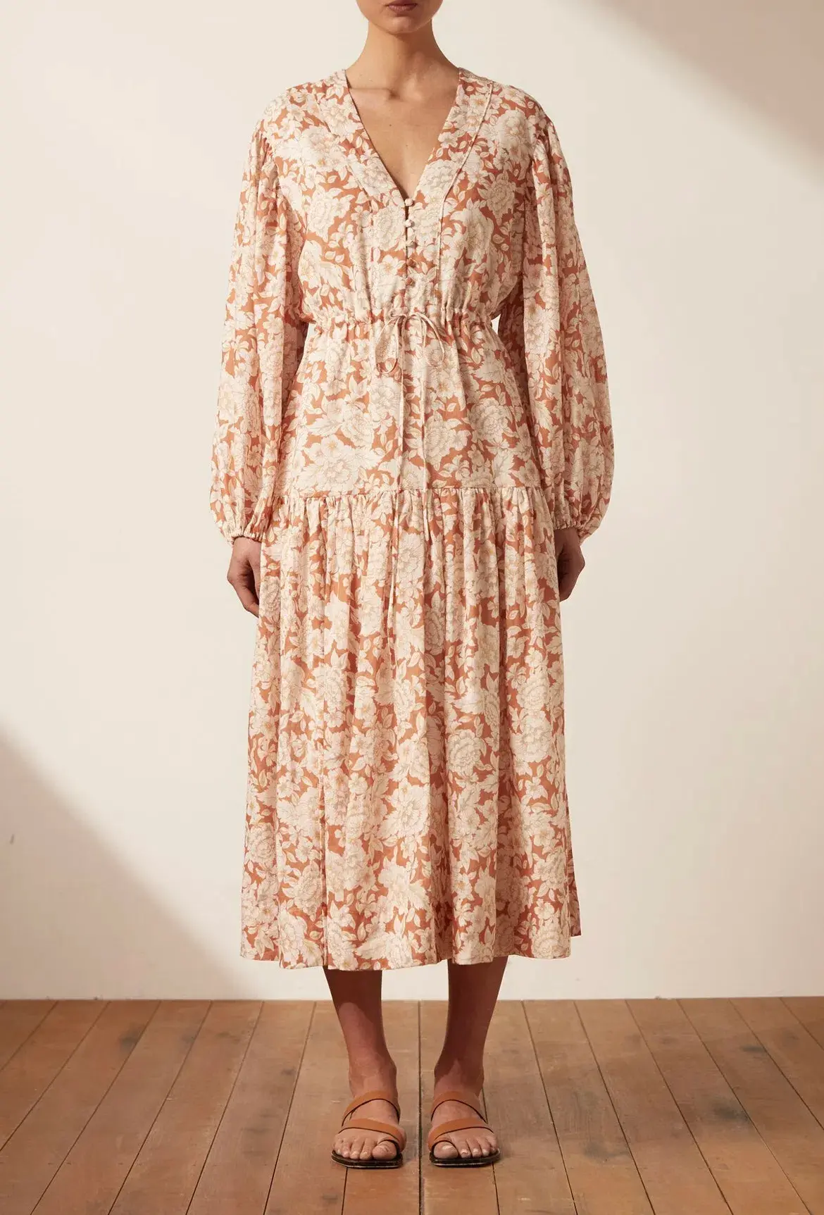 Shona Joy Flor Balloon Sleeve Drawstring Midi Dress Floral Size 12 - Image 1
