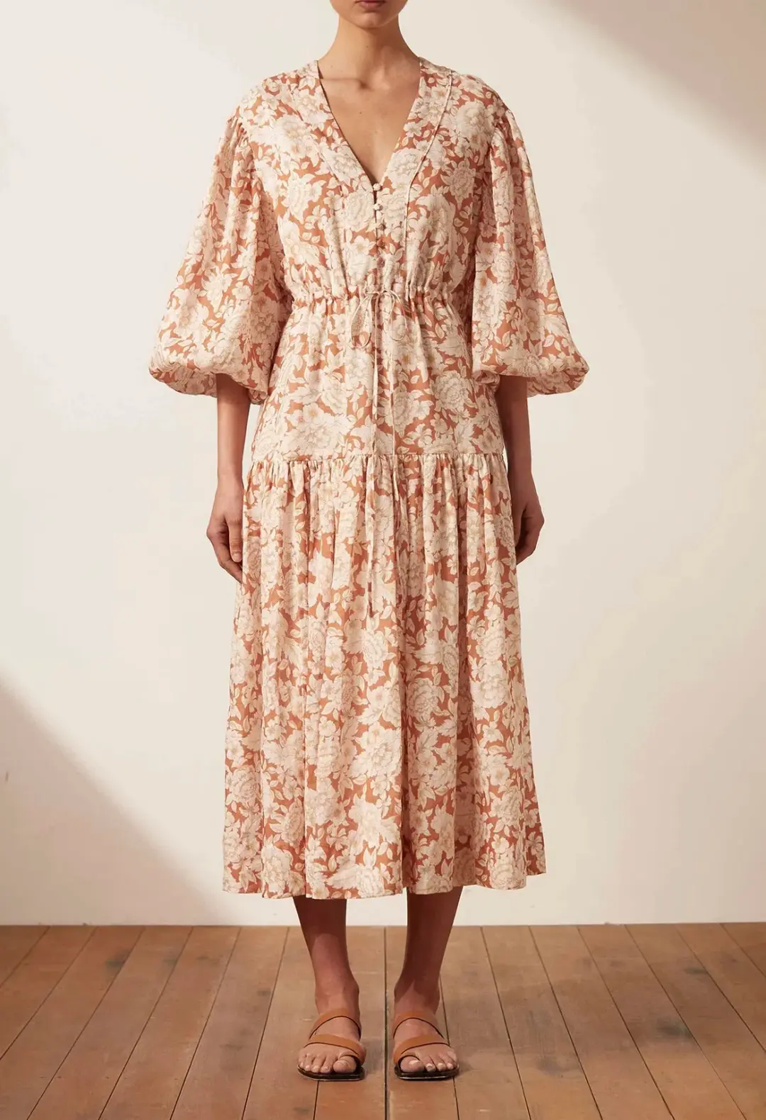 Shona Joy Flor Balloon Sleeve Drawstring Midi Dress Floral Size 12 for rent on The Volte - main image