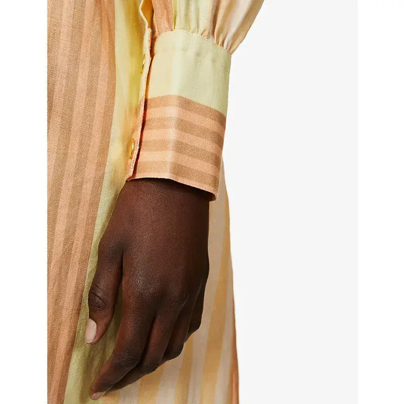 Oroton Striped Long Sleeve Belted Straight Fit Linen Midi Dress Almond Milk Size 12 - Image 4