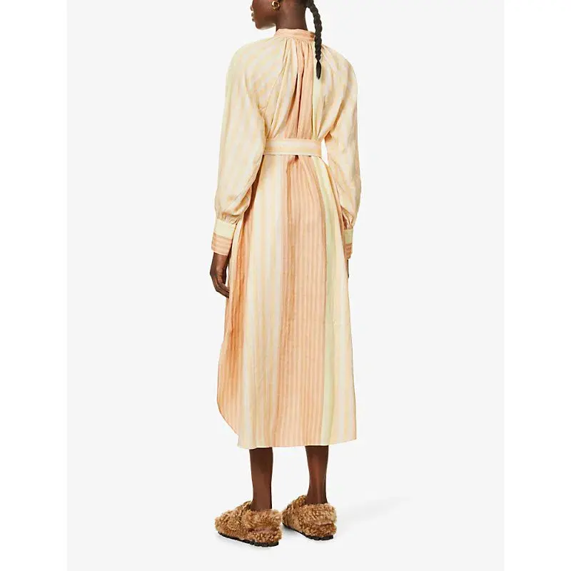 Oroton Striped Long Sleeve Belted Straight Fit Linen Midi Dress Almond Milk Size 12 - Image 3