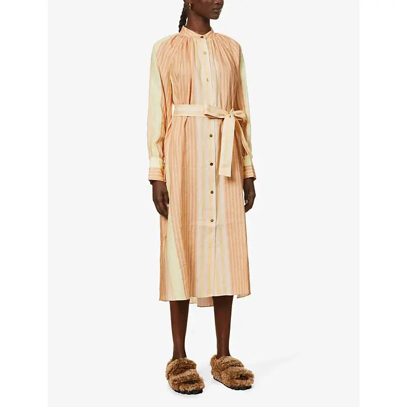 Oroton Striped Long Sleeve Belted Straight Fit Linen Midi Dress Almond Milk Size 12 - Image 2