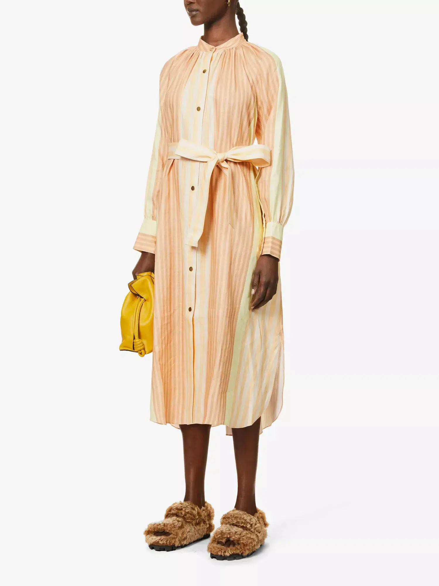 Oroton Striped Long Sleeve Belted Straight Fit Linen Midi Dress Almond Milk Size 12 - Image 1