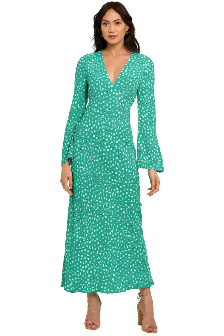 Rixo London Arielle Flared Sleeve Midi Dress Green Floral Size 14 for rent on The Volte - main image