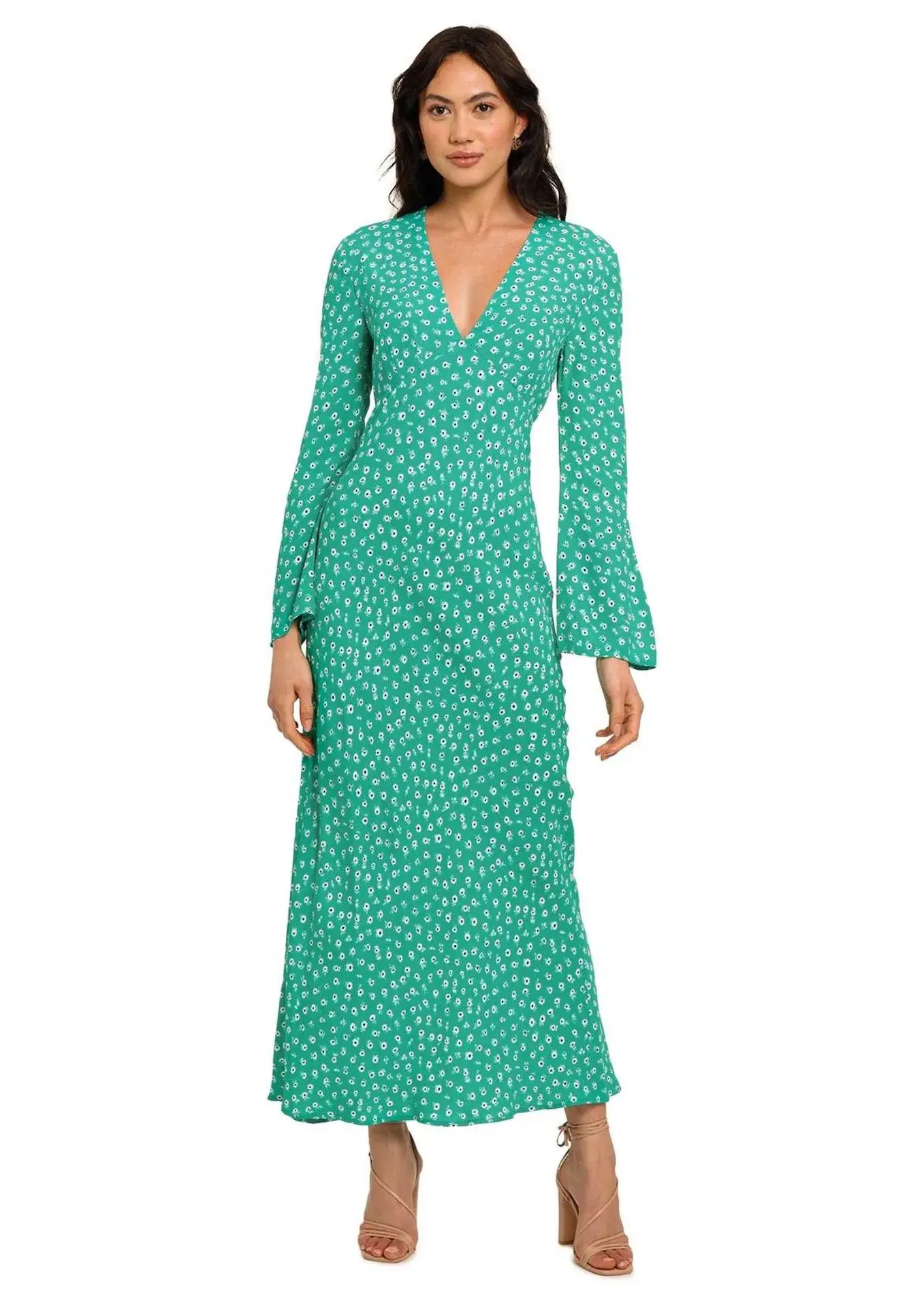 Rixo London Arielle Flared Sleeve Midi Dress Green Floral Size 14 - Image 1