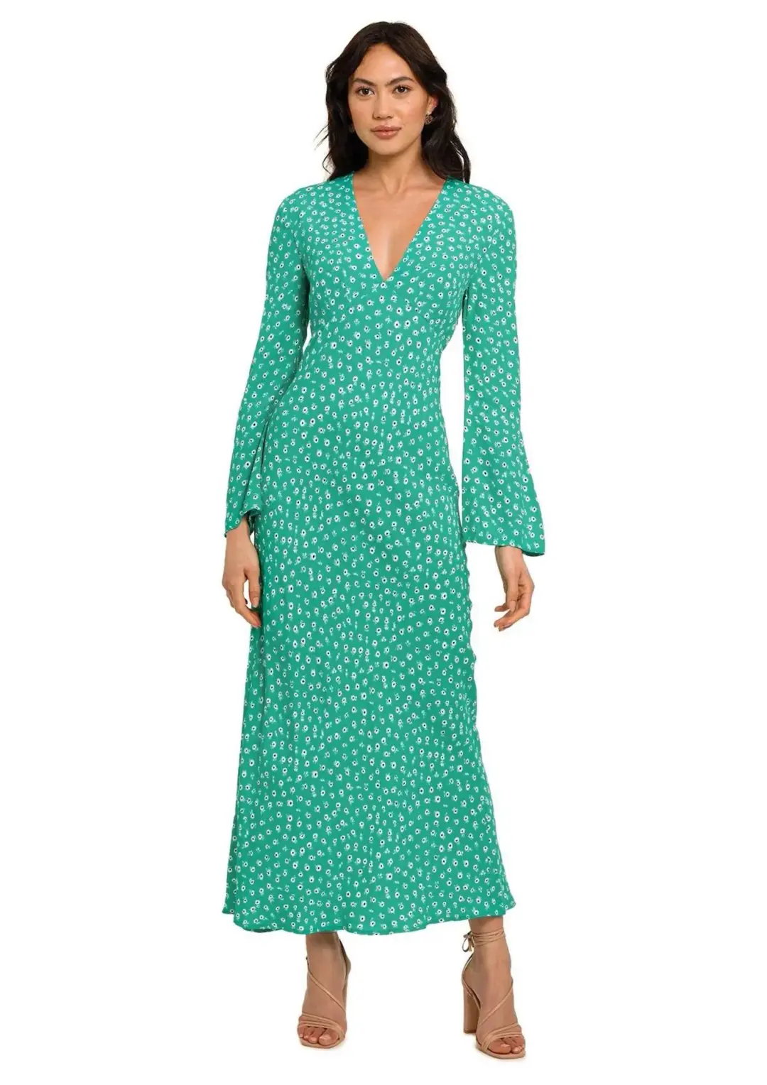 Rixo London Arielle Flared Sleeve Midi Dress Green Floral Size 8 for rent on The Volte - main image
