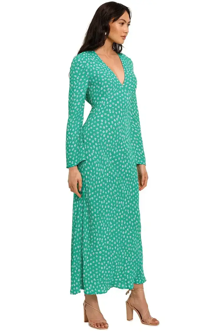 Rixo London Arielle Flared Sleeve Midi Dress Green Floral Size 8 for rent on The Volte - main image