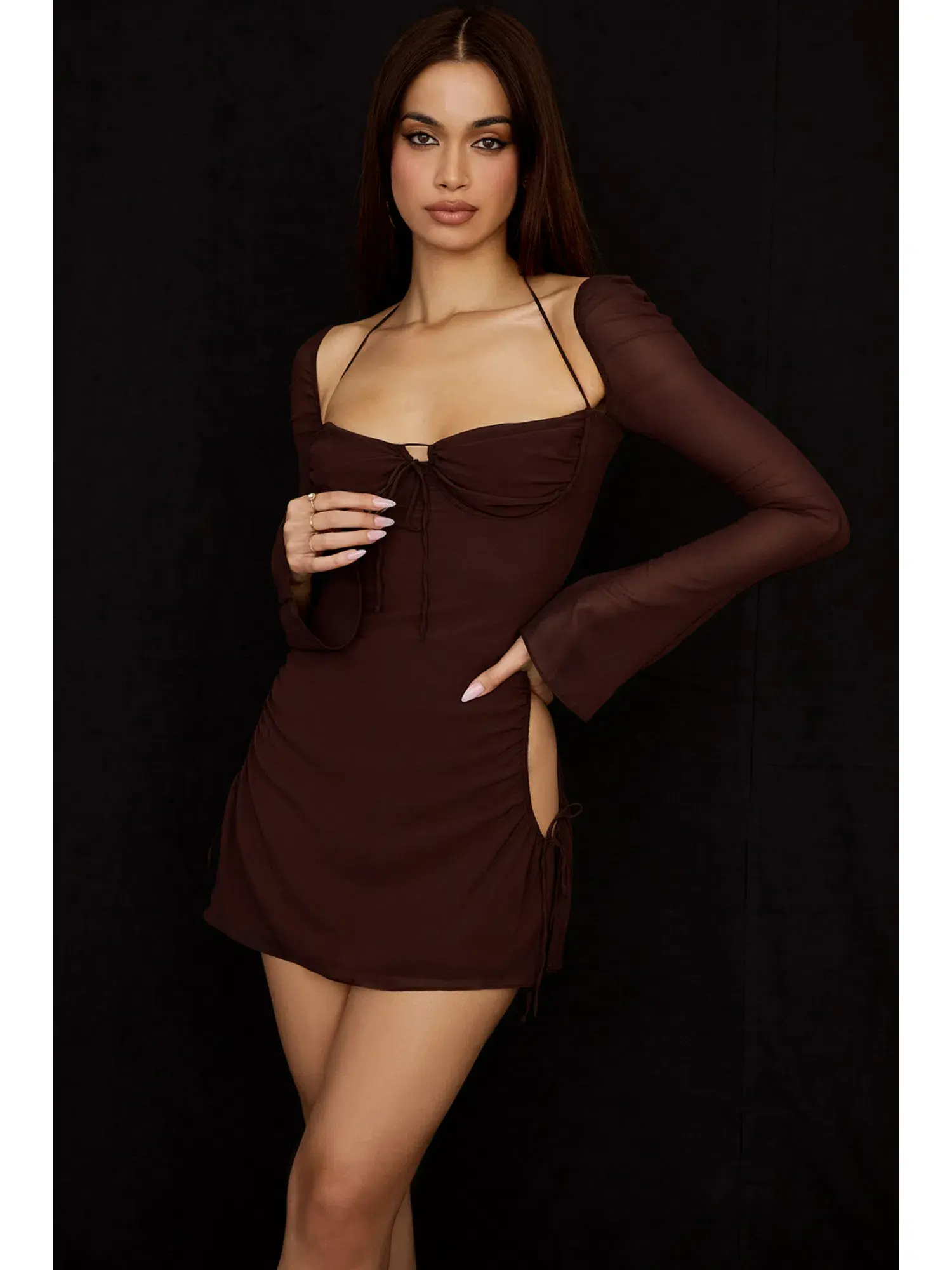 House Of CB Chiffon Dress in Chocolate Brown Size Small / AU 8 - Image 2