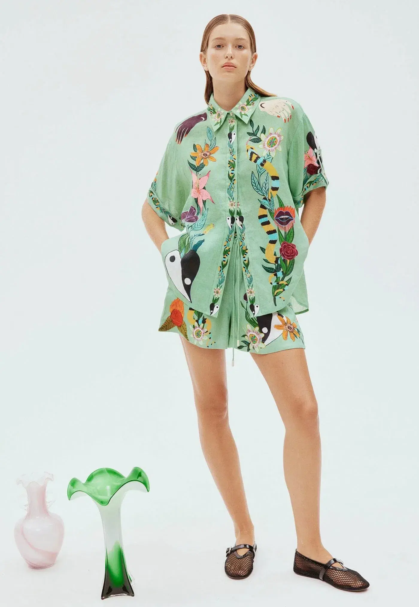 Alemais Meagan Shirt Size 8 and Shorts Size 10 Set Green Print  - Image 2