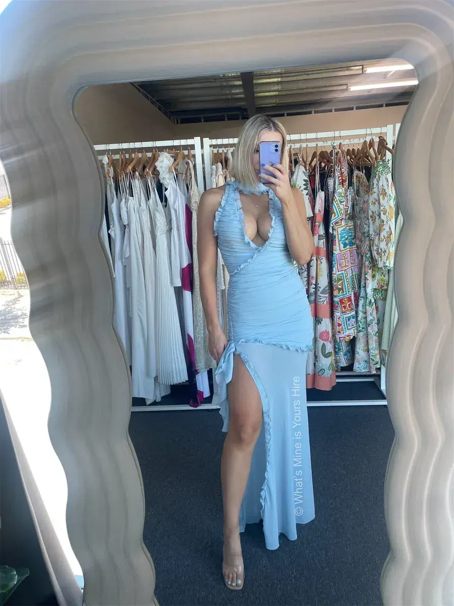 De La Vali Lilith Ruched Maxi Dress in Blue Chiffon Size 6 - Image 6