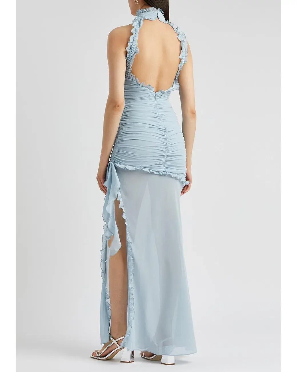 De La Vali Lilith Ruched Maxi Dress in Blue Chiffon Size 6 - Image 5