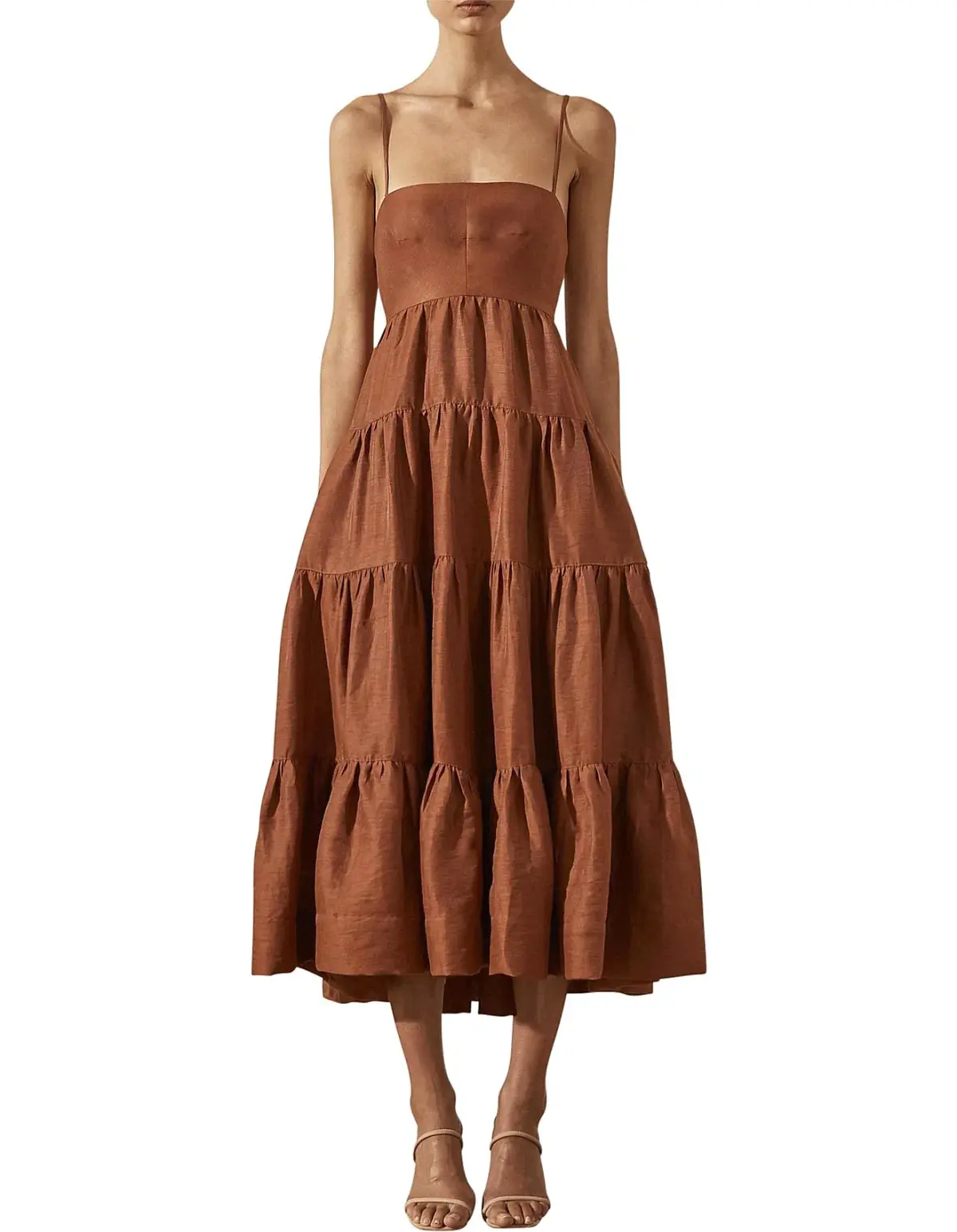Shona Joy Elsa Linen Tiered Midi Dress Gingerbread Brown Size 12 - Image 1