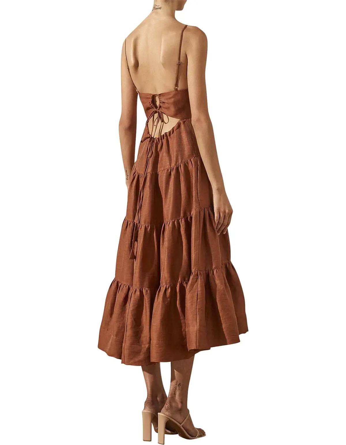 Shona Joy Elsa Linen Tiered Midi Dress Gingerbread Brown Size 12 - Image 3