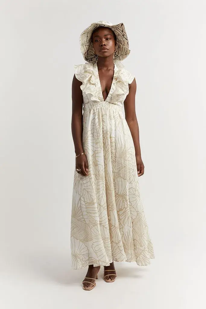 Dissh Malta Palm Frill Linen Maxi Dress Print Size 12 for rent on The Volte - main image