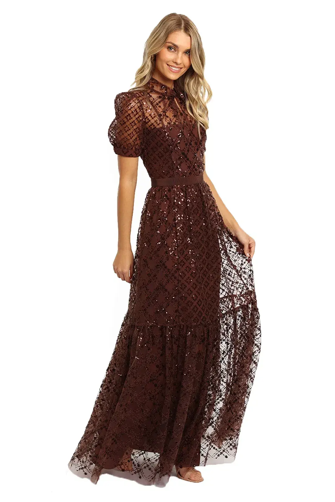 Self Portrait Grid Sequin Maxi Dress Brown Size 8 - Image 4