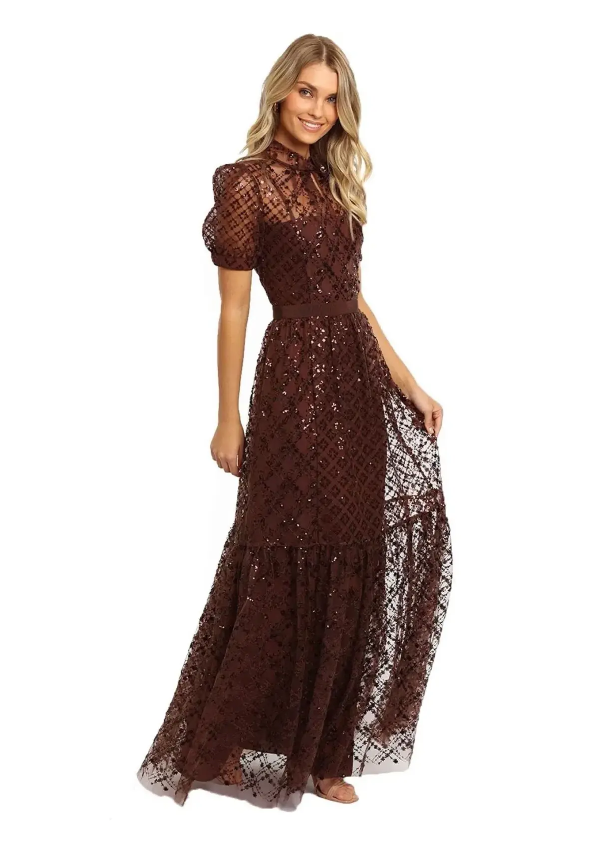 Self Portrait Grid Sequin Maxi Dress Brown Size 8 - Image 1