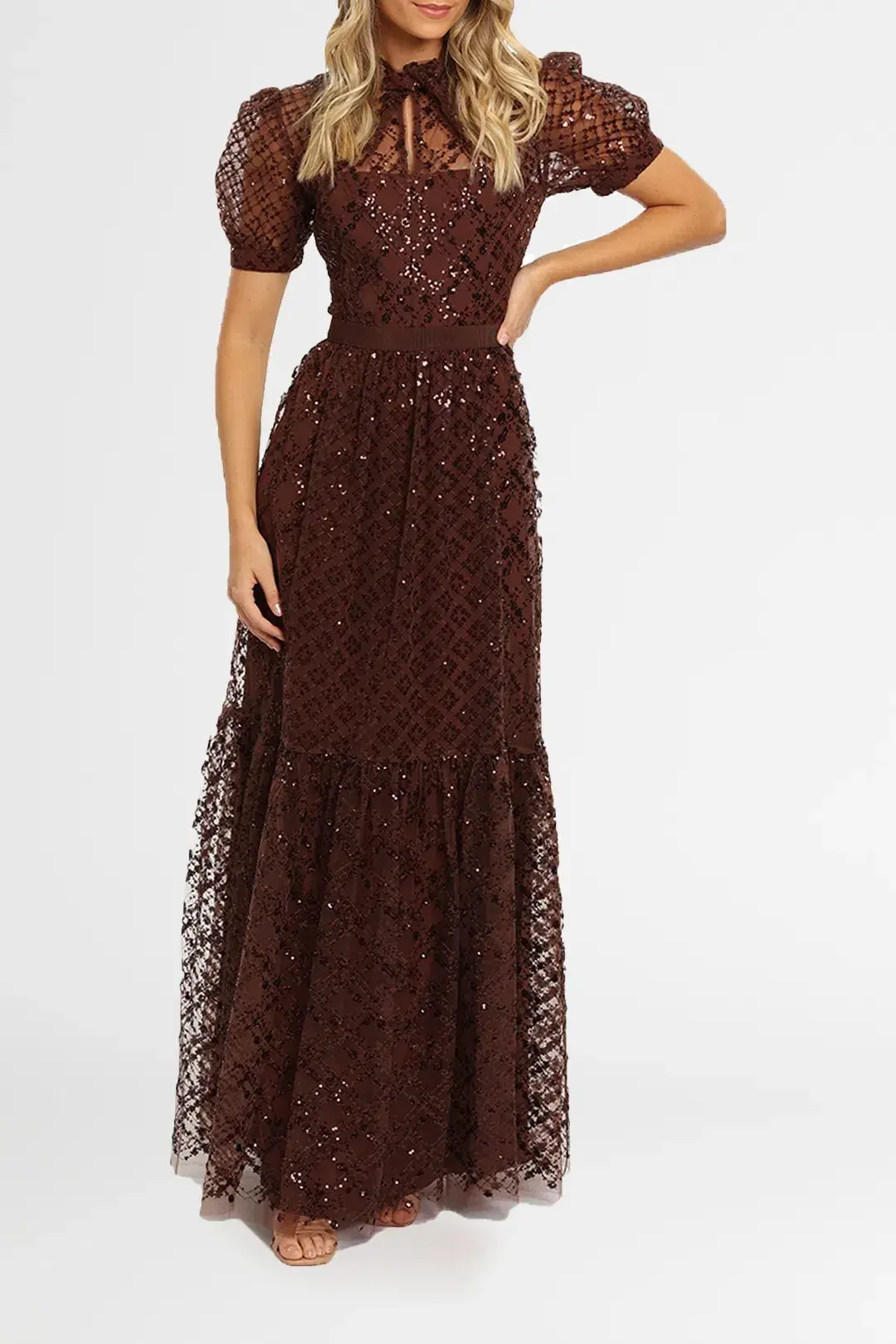Self Portrait Grid Sequin Maxi Dress Brown Size 8 - Image 2