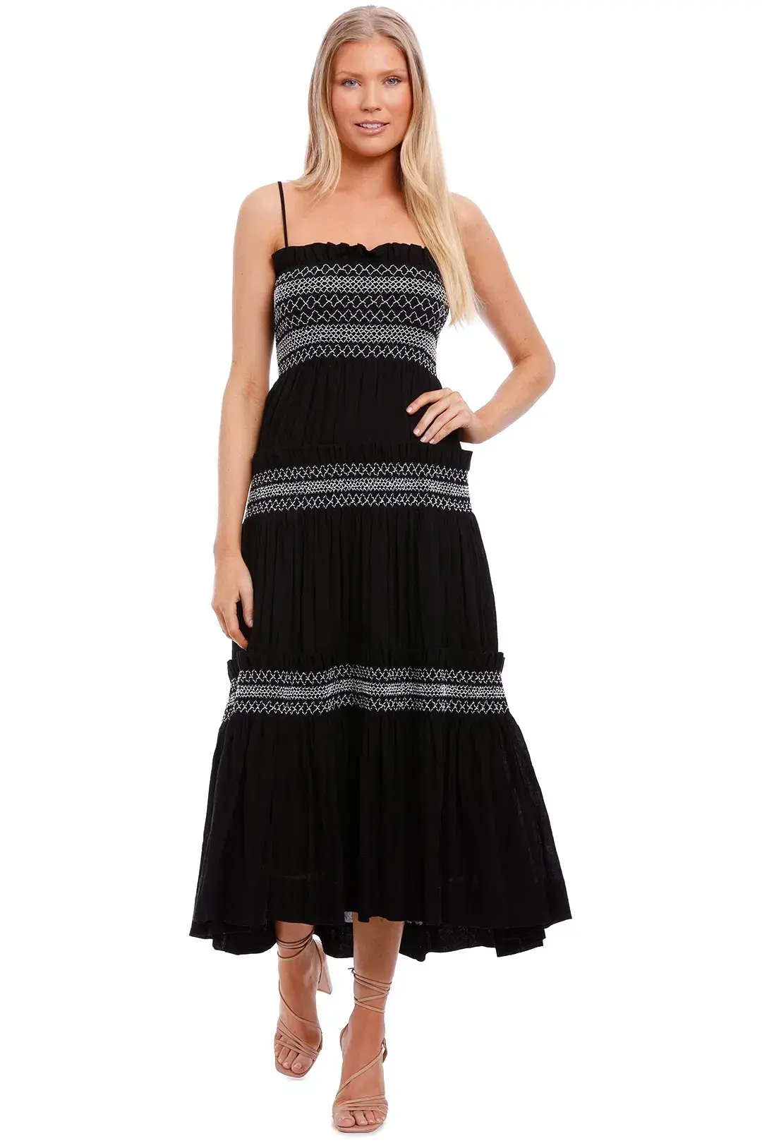 Shona Joy Leda Shirred Tiered Midi Dress Black Size 8 - Image 4