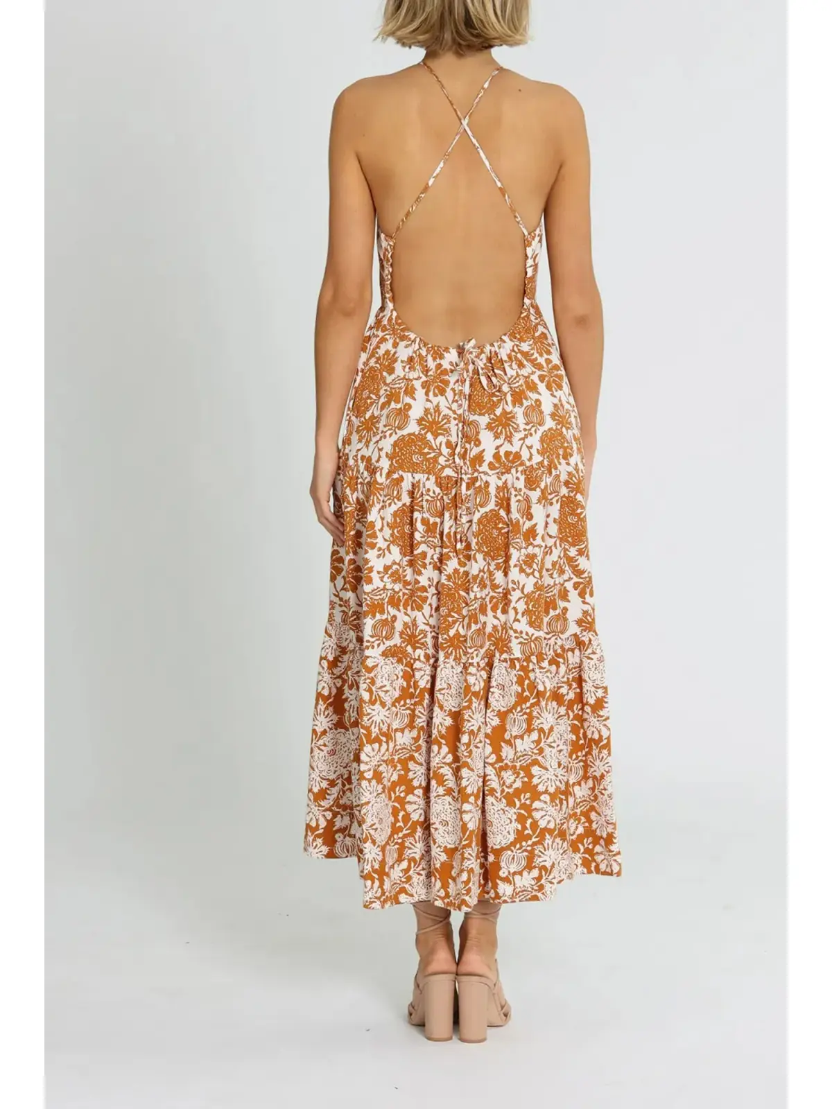 Shona Joy Vitoria Halter Midi Dress Brown Print Size AU 12 - Image 3