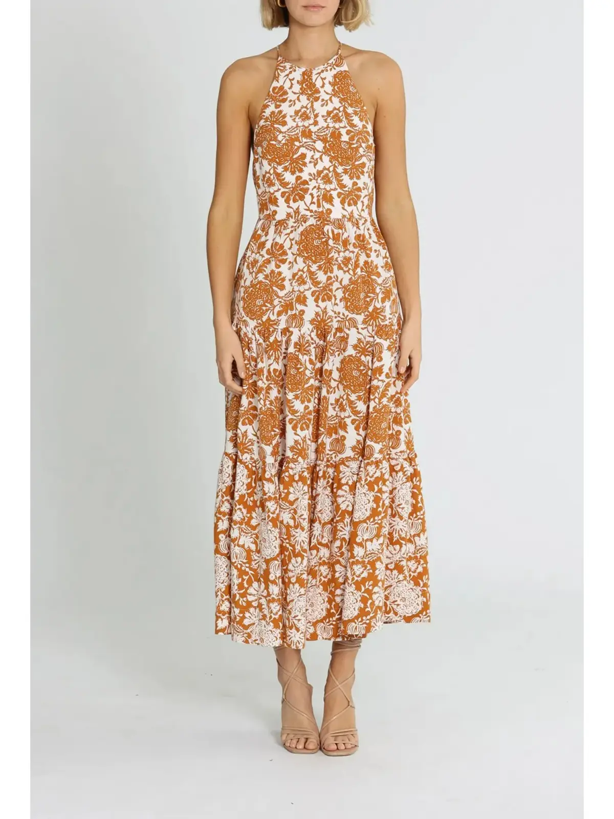 Shona Joy Vitoria Halter Midi Dress Brown Print Size AU 12 - Image 1