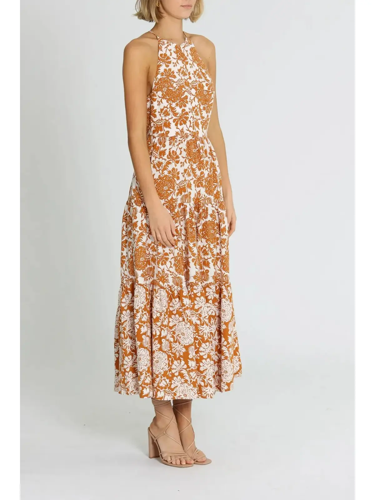 Shona Joy Vitoria Halter Midi Dress Brown Print Size AU 12 - Image 2