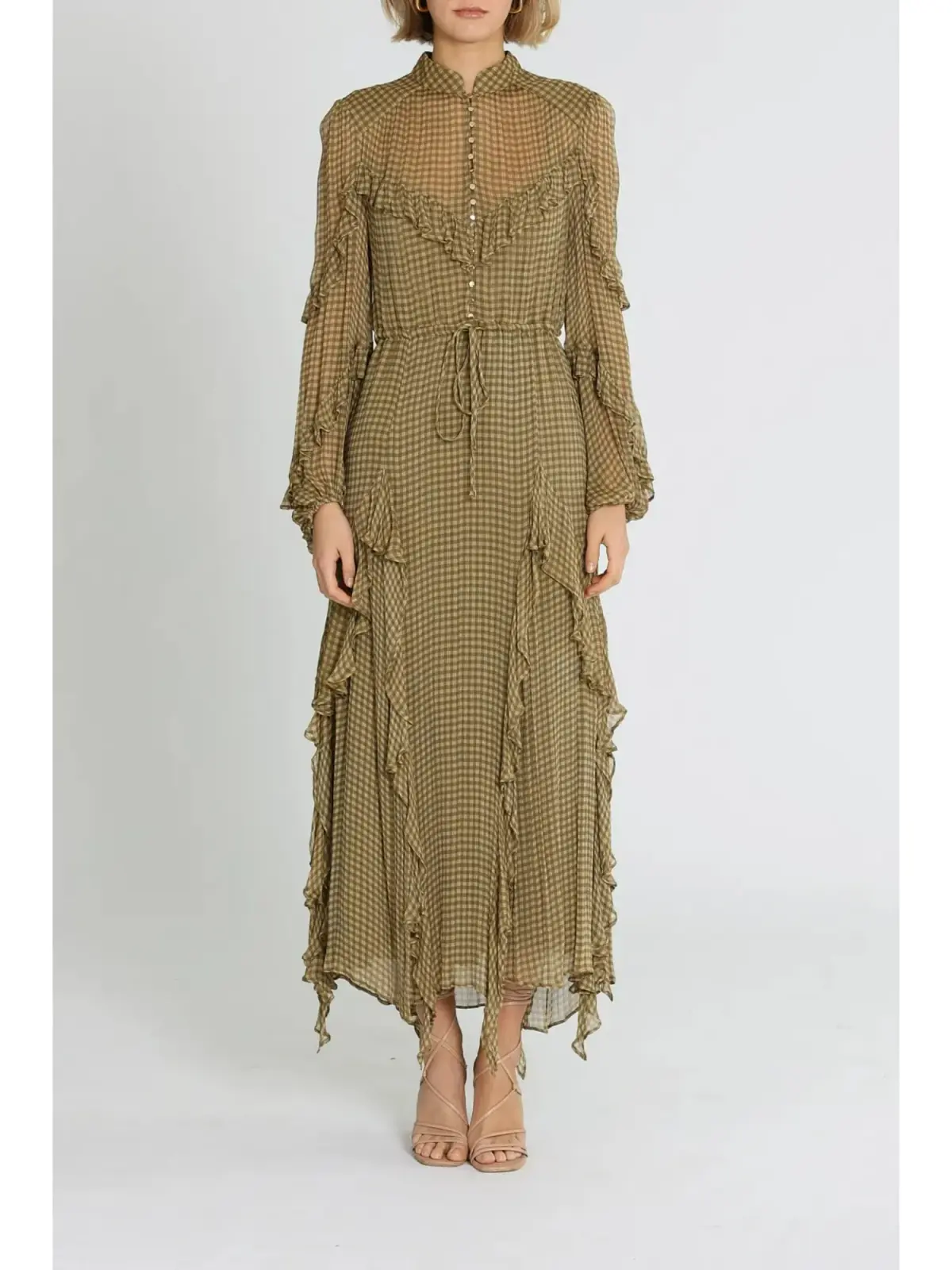 Shona Joy Eleonora Drawstring Frill Midi Dress in Olive Size AU 6 - Image 1